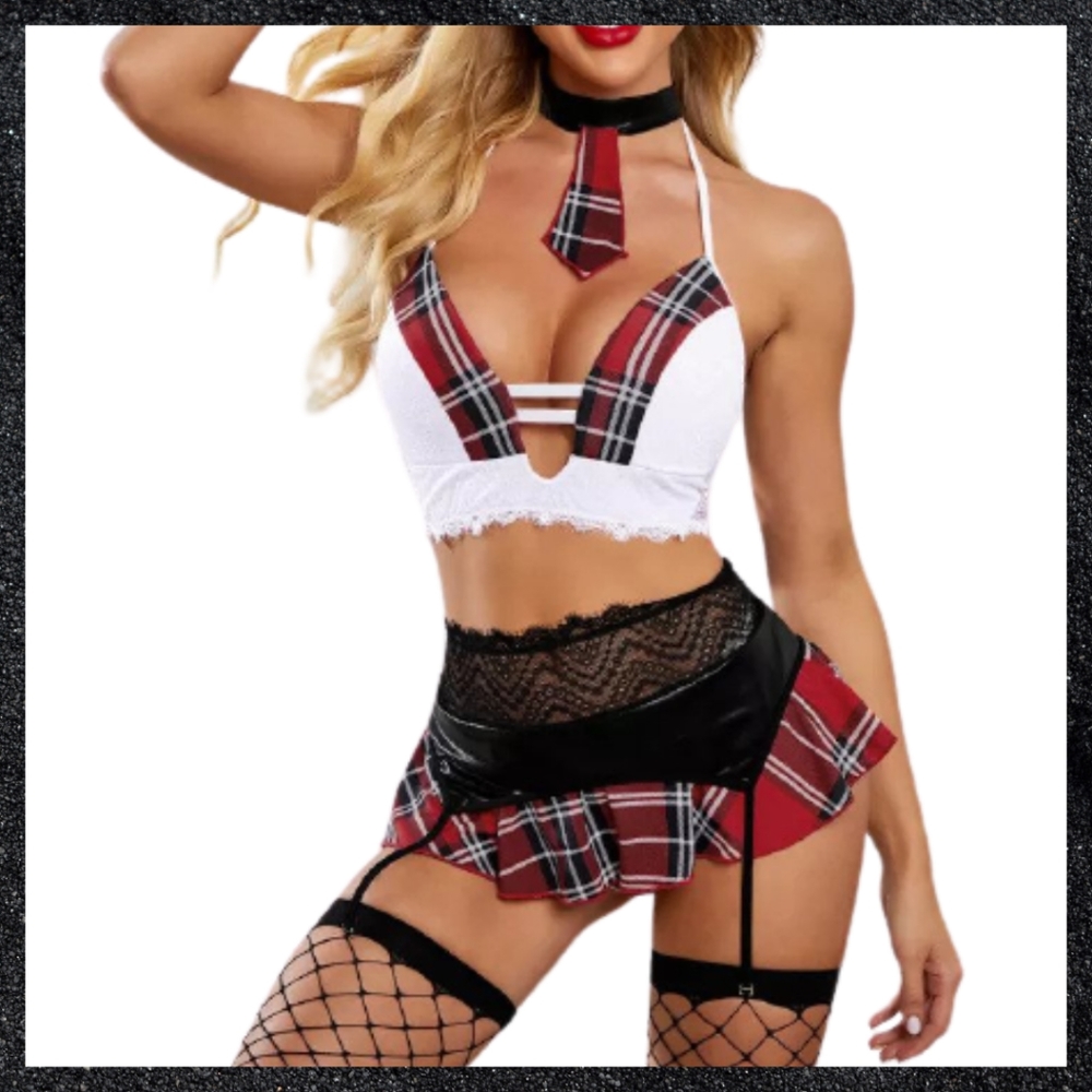 Red & Black Plaid Naughty School Girl Cosplay Lingerie Set